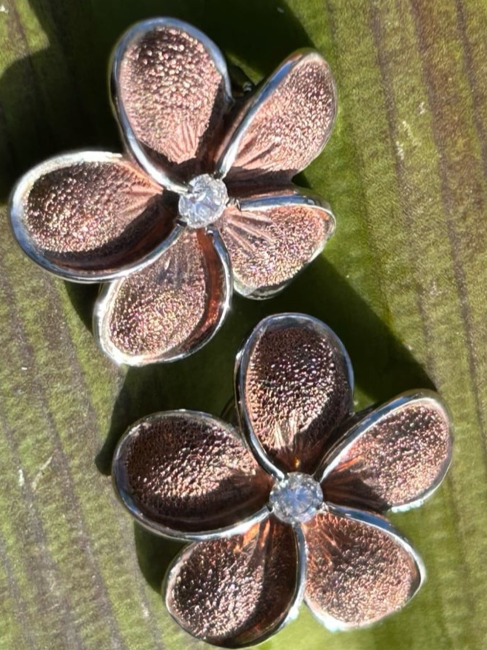 Vintage sterling silver two tone large Hawaiian plumeria flower clip on earrings